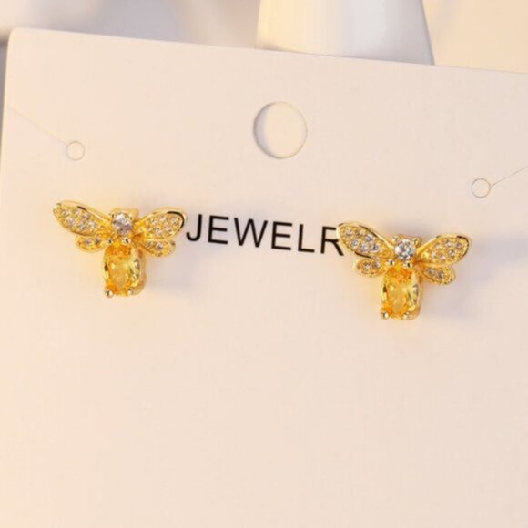 NEW 18K Gold Citrine Diamond Bee Stud Earrings - Picture 5 of 7